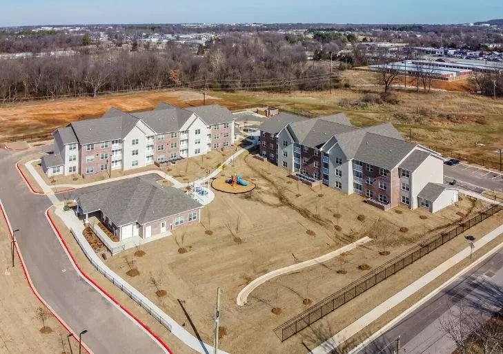 Aerial view of completed roof systems on a multifamily community in Northwest Arkansas